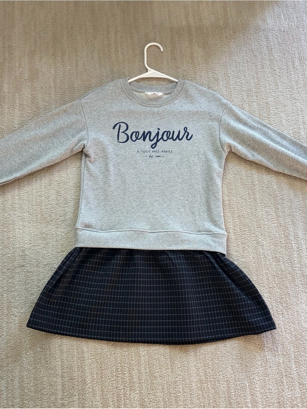Mango Grey 'Bonjour' Pullover Dress with Black Checked Skirt